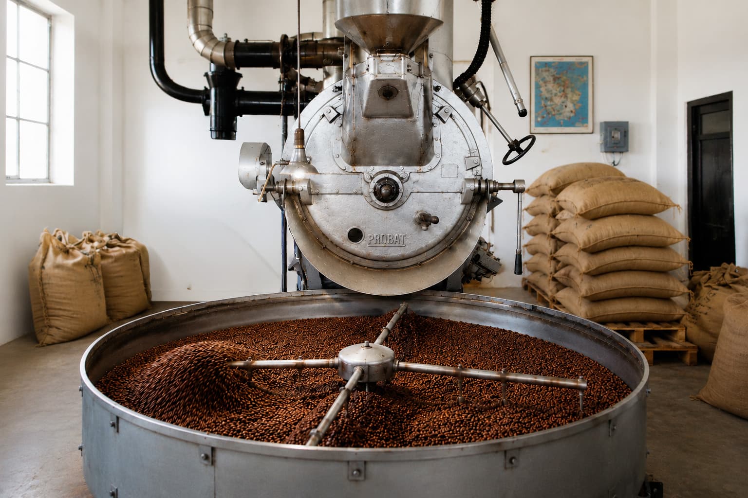 Tostador Probat con granos de café recién tostados